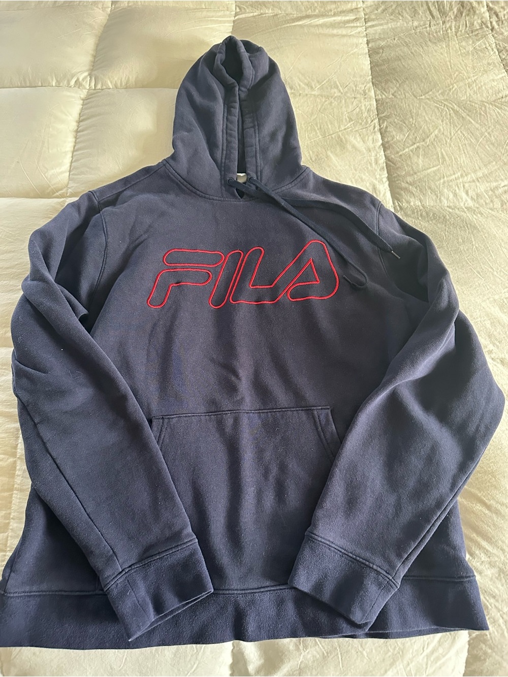 Fila Men's Dark Blue Hoodie with Red Outline Logo